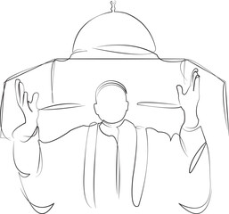 One continuous line drawing on white isolated background. Minimalism linear illustration. muslim, mosque, faith, man, spiritual, prayer, religious, islam, islamic, peaceful