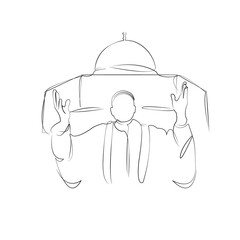 One continuous line drawing on white isolated background. Minimalism linear illustration. muslim, mosque, faith, man, spiritual, prayer, religious, islam, islamic, peaceful