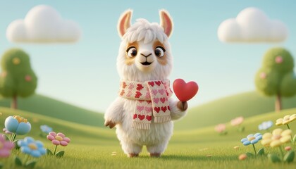 Obraz premium Cute Fluffy Llama Wearing Heart Scarf Holding a Red Heart in a Whimsical Sunny Flower Meadow