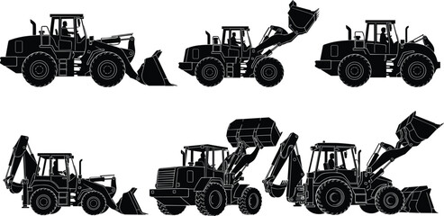 Heavy construction machinery silhouette collection featuring excavators dump trucks tower cranes wheel loaders and forklifts for indre development © Ahahila