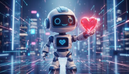 Friendly Little Robot Offering a Luminous Crystal Heart in a Neon Cyberpunk Cityscape