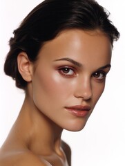 Naklejka premium Close-up portrait of a young woman's face. she has dark hair styled in a messy updo with loose curls framing her face. her eyes are a deep brown color and her eyebrows are perfectly groomed.