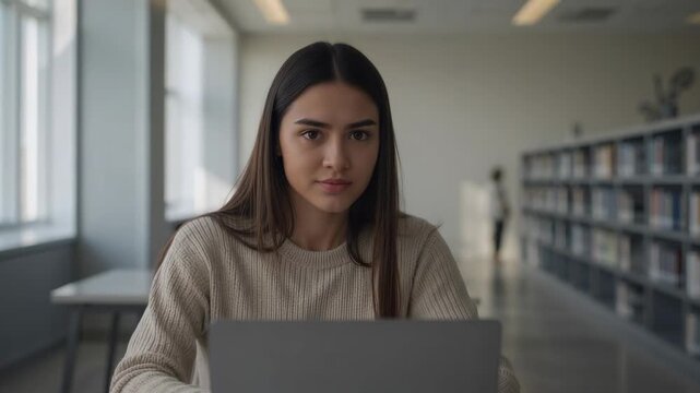 Sitting student in light sweater, typing and studying on laptop at library, smartphone, black case