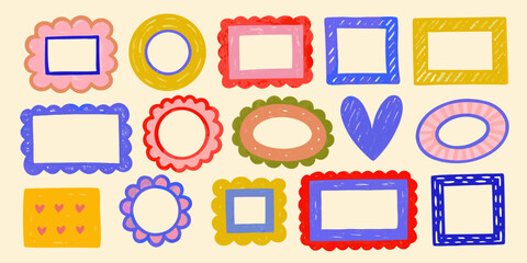 Colorful hand drawn shapes including squares circles and rectangles with decorative borders
