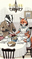 Obraz premium Anthropomorphic woodland creatures gather around a dining table for a traditional shared meal