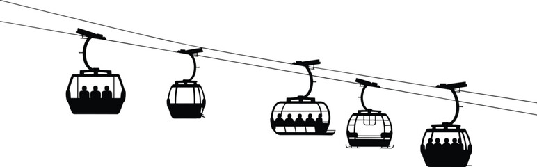 Cable car gondola silhouettes on mountain ropeway illustrating alpine transport, winter tourism, scenic travel and public aerial transportation systems © MdLimon