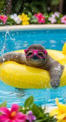 Obraz premium Sloth with pink glasses floats on yellow inflatable ring in the pool with water splashes, representing relaxation, leisure, and vacation, perfect for summer fun