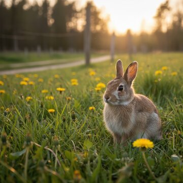 Adorable Rabbit in Spring Meadow Sunset