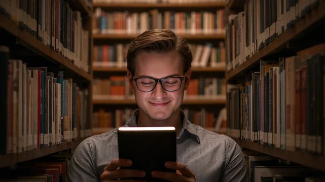 Tablet glowing man in collared shirt glasses reading and finding joy tilting tablet library shelves