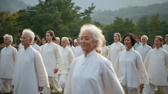 Lifting hands, senior woman in white uniform leading group in tai chi on grassy field wellness