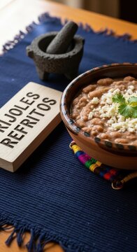 Traditional Frijoles Refritos Refried Beans with Melted Cheese on Indigo Mat with Ceiba Sign and Volcanic Mortar