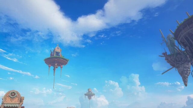 Panning camera revealing floating island cluster over misty ground, showing clock dome and winch