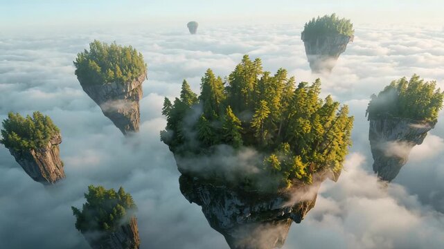 Pulling camera toward main floating islet above clouds, showing sunlit trees and distant balloon