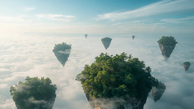 Camera pulling back, showing central treed floating island above cloud sea and distant isles