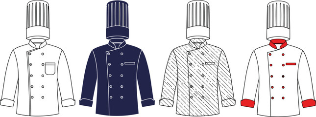 Chef uniform illustration set featuring professional kitchen jackets and hats, restaurant staff apparel designs, culinary workwear styles, and hospitality clothing isolated on white background