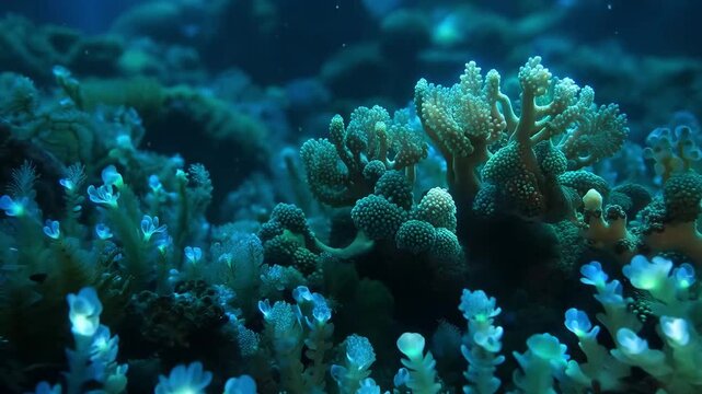 Time-lapse underwater footage of a bioluminescent coral reef in deep blue light, perfect for nature documentaries, ocean conservation visual effects, and meditative background videos.