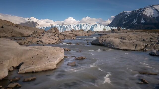 Moving drone filming river across rock toward glacier after pilot starting forward, showing seracs