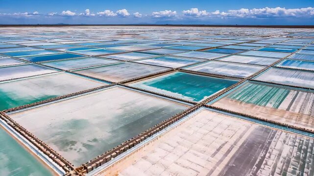 Starting glide, drone camera tilting over rectangular salt ponds and berms, showing turquoise water
