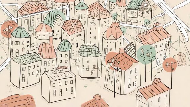 Zooming camera revealing drawn compact town on cream paper, exposing lower houses and winding roads