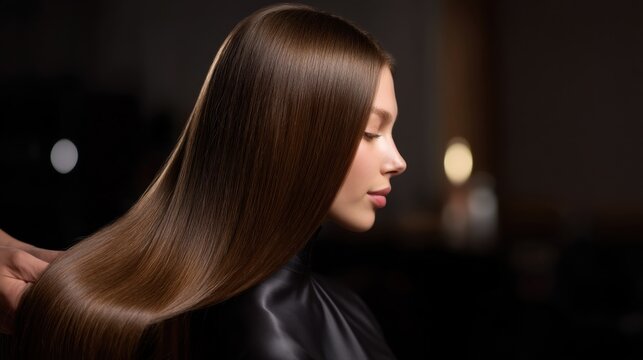 Young woman with long, straight hair. she is sitting in a salon chair with her back to the camera, facing away from the camera.