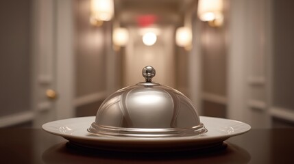 Fototapeta premium Silver cloche on a white plate on a wooden table. the cloche is round and has a dome-shaped lid with a small knob on top.