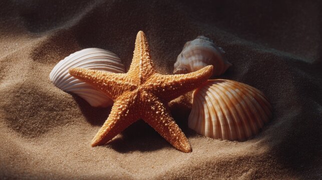 Close-up of a starfish and two seashells on a sandy surface. the starfish is in the center of the image, with its five arms spread out and its head facing towards the right side.