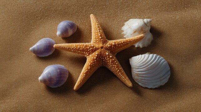 Flat lay of a starfish and various seashells on a brown sand background. the starfish is in the center of the image, with its five arms spread out and its body facing towards the left side.