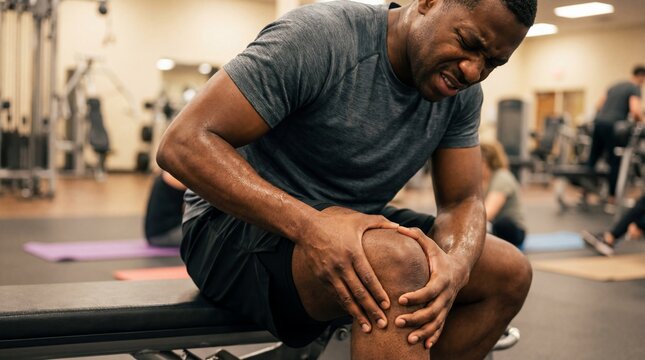Athletic black man clutching knee in gym after intense workout, showing pain and determination while other people exercise in background
