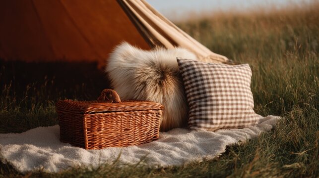 Camping scene in a field with a teepee in the background. the teepee is orange in color and is set up on a white blanket.