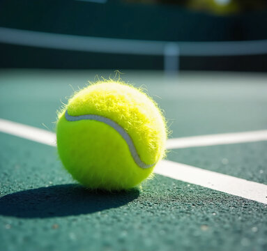 A vibrant yellow-green tennis ball rests on a dark teal tennis court, bathed in the warm glow of natural sunlight. It casts a soft shadow to its right. In the background, out of focus, for website