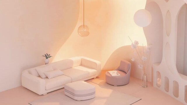 Revealing pale L-shaped sofa as subtle camera push and warm light showing pod lounge, pendant light