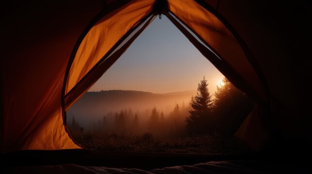 Photograph of the inside of a tent, with the sun setting in the background. the tent is open, and the view from inside is of a foggy landscape with trees and mountains in the distance.
