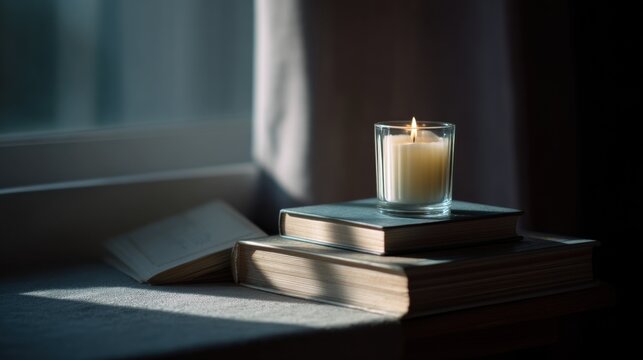 Stack of books on a windowsill with a lit candle on top. the books are of different sizes and colors, with the largest one in the center and the smallest one on the bottom.
