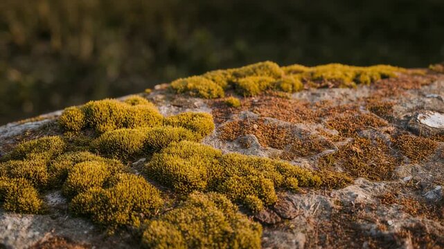 Dollying camera revealing yellow-green moss staying on worn rock during golden light, with lichen