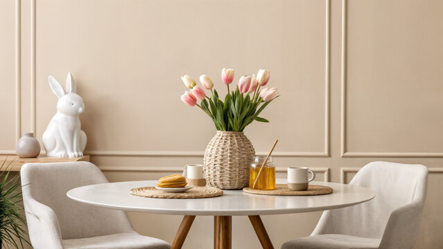 Spring living room decorated for Easter. dining room table