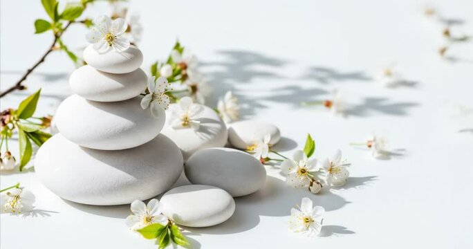 White stone stack zen pyramid with spring cherry blossom branch and small petals on sunny white background. Spa beauty and balance concept.