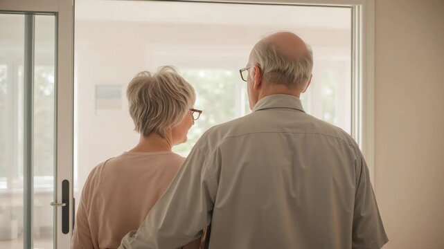 Placing senior male initiating hug, holding wife at sliding glass door while both seeking comfort