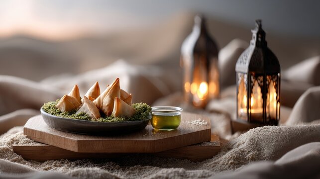 Samosa with chutney is arranged on a plate placed on a wooden board over desert sand. An oil lamp and candle are lighting the scene