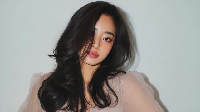A stunning young East Asian woman with long black hair and elegant makeup, wearing a pink sheer blouse against a neutral background.