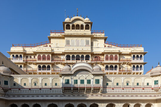 View of the Chandra Mahal from the Pritam Niwas courtyard at the City Palace in Jaipur, Rajasthan, India
