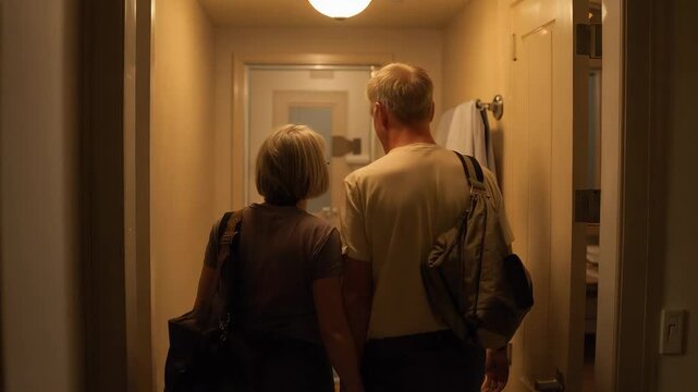 Arriving senior couple carrying two shoulder bags walking down hall to closed door, towels on hook