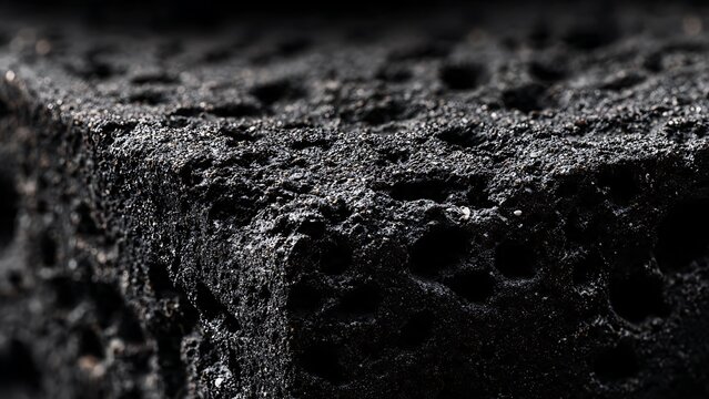 Macro close up of porous charcoal briquette surface with deep black gritty texture. Fuel and barbecue background for energy, heat, and industrial concepts.