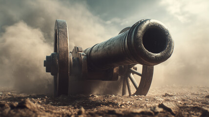 Old war cannons were displayed on the battlefield with smoke and dust in the air.