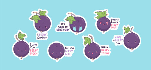 Naklejka premium Blackcurrant Emoji Sticker Pack. Funny Kawaii Berry Mascot Characters with Pun Phrases and Emotional Expressions for Social Media and Mental Health Design. Isolated Vector illustration