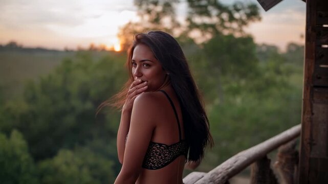 Turning woman at camera cue, breeze lifting hair, smiling, touching mouth on sunset balcony, bikini