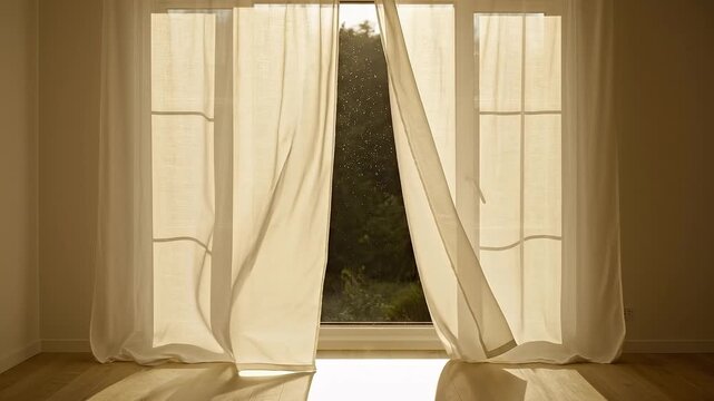 Sunlight streams through sheer white curtains in a room, illuminating the space and casting shadows on the wooden floor.