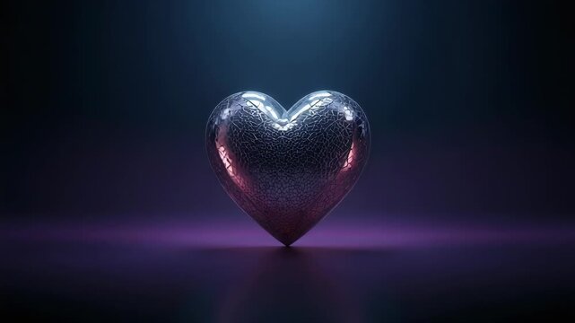 Rotating metallic heart tilting on reflective floor on playback start, showing cracked texture
