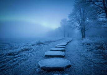 Ethereal Blue Winter Landscape: Frosty Path with Stepping Stones and Misty Horizon