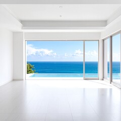 Obraz premium a spacious modern room with glossy white floors, floor‑to‑ceiling windows, and a panoramic ocean view
