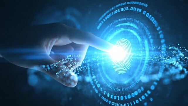Digital Fingerprint Authentication: A futuristic display showcases a finger touching a glowing fingerprint interface, signifying secure access and digital identity. 